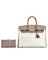 HERMÈS: A SET OF TRI-COLOUR WHITE, ETOUPE, ETAIN TOGO BIRKIN 35 WITH PALLADIUM HARDWARE; ET...