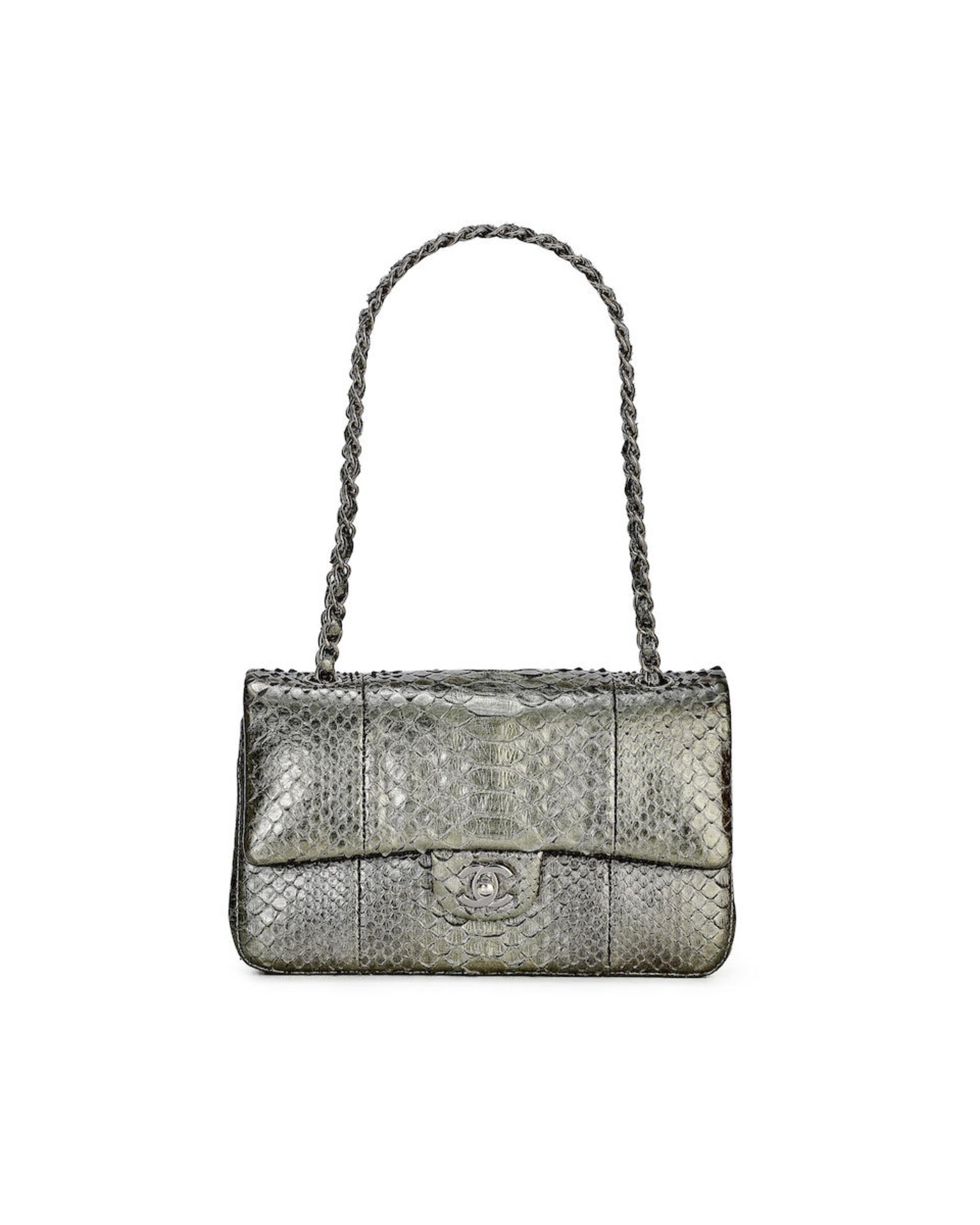 CHANEL: SHINY RAINBOW SHEEN BLACK PYTHON FLAP BAG WITH RUTHENIUM HARDWARE (Includes serial stick...