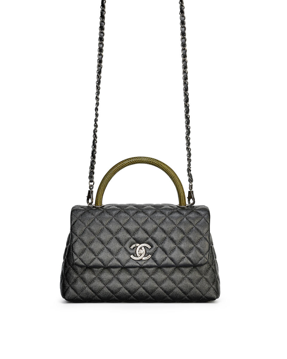 CHANEL: BLACK CAVIAR & GREEN LIZARD COCO HANDLE FLAP BAG WITH RUTHENIUM HARDWARE (Includes seria...