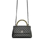 CHANEL: BLACK CAVIAR & GREEN LIZARD COCO HANDLE FLAP BAG WITH RUTHENIUM HARDWARE (Includes seria...