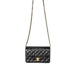 CHANEL: BACK LAMBSKIN SMALL HANDBAG WITH BRUSHED GOLD TONED HARDWARE (Include original box)