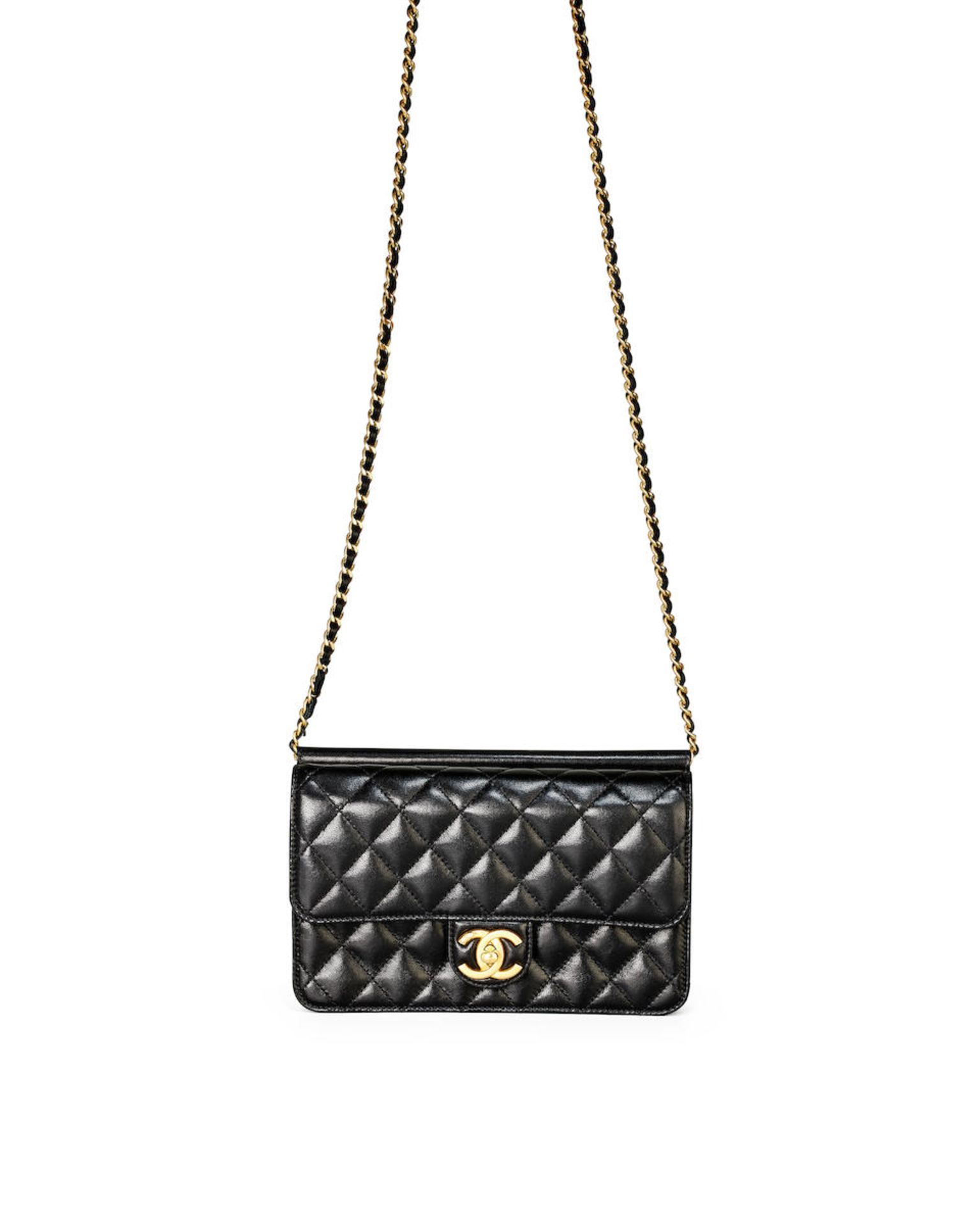 CHANEL: BACK LAMBSKIN SMALL HANDBAG WITH BRUSHED GOLD TONED HARDWARE (Include original box)