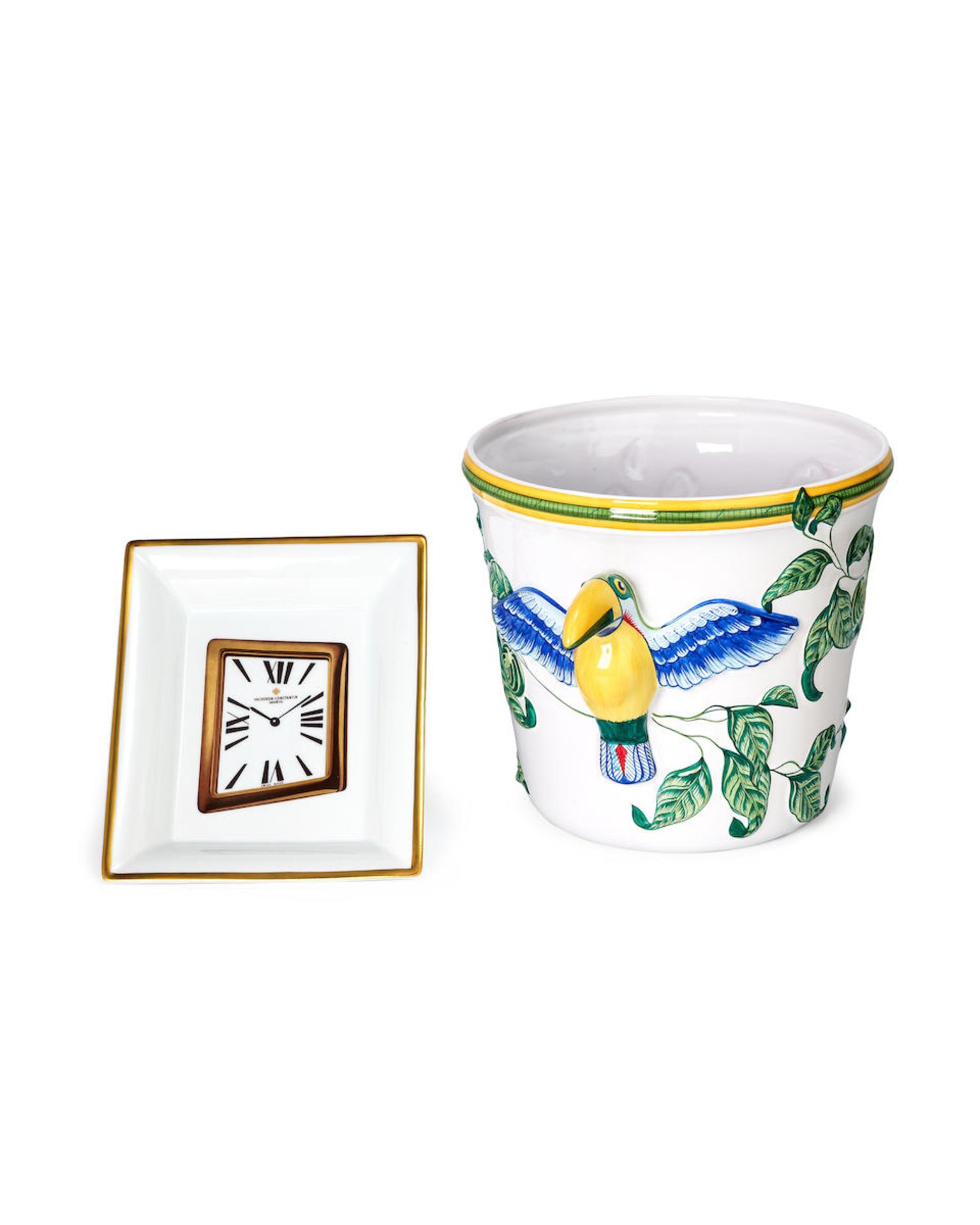 [NO RESERVE] HERMÈS: BEIGE BLUE MULTI COLOURED PROCELAIN CONTAINER BY TOUCANS; VACHERON CON...