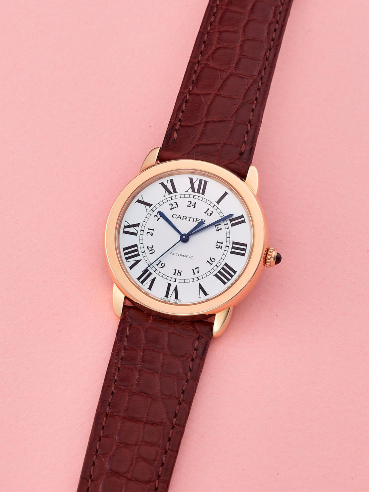 CARTIER | RONDE SOLO DE CARTIER, REF.3979, A NEW OLD STOCK PINK GOLD AND STAINLESS STEEL WRISTWA...