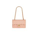 CHANEL: PINK LINEN MEDIUM CLASSIC DOUBLE FLAP BAG WITH GOLD TONED HARDWARE (Includes original du...