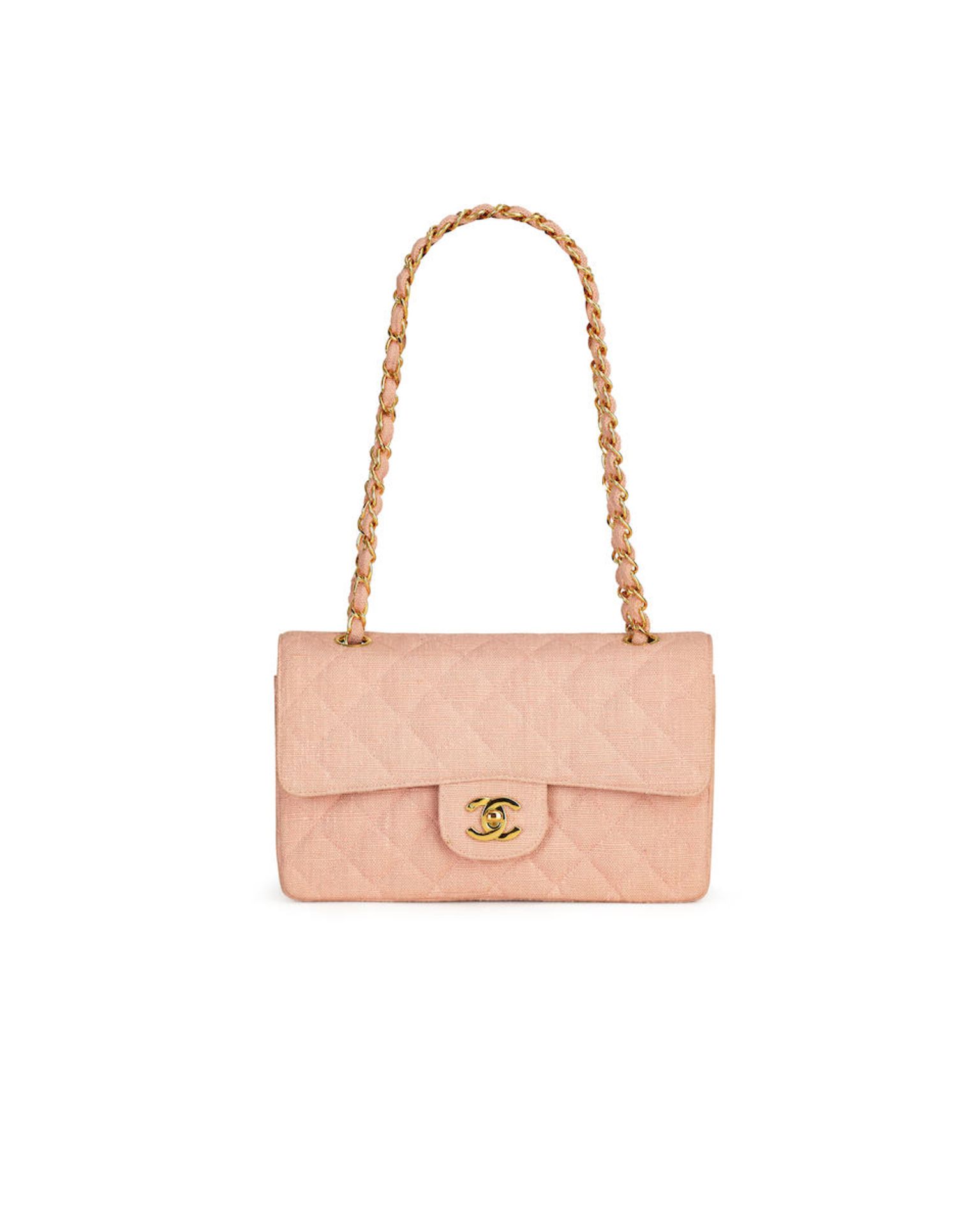 CHANEL: PINK LINEN MEDIUM CLASSIC DOUBLE FLAP BAG WITH GOLD TONED HARDWARE (Includes original du...