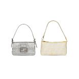 [NO RESERVE] FENDI: A SET OF 2 METALLIC SILVER MONOGRAM MINI BAGUETTE HANDBAG WITH SILVER TONED ...