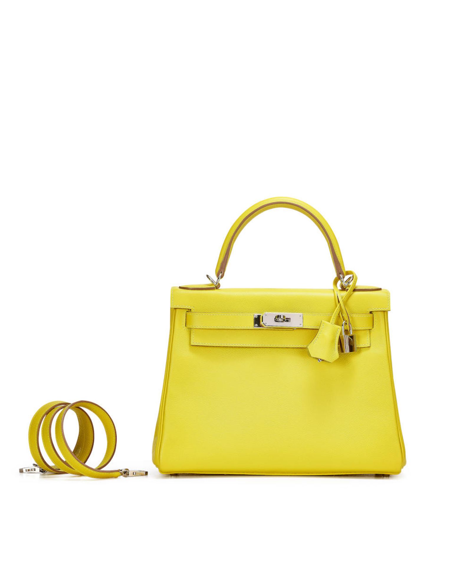 HERMÈS: LIME EVERCOLOR KELLY 28 WITH PALLADIUM HARDWARE (Includes keys, padlock, clochette,...