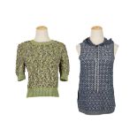 [NO RESERVE] CHANEL: A SET OF TWO NAVY SILK MIXED GILTTER SLEEVESNESS HOODED TOP; GREEN TONE MU...