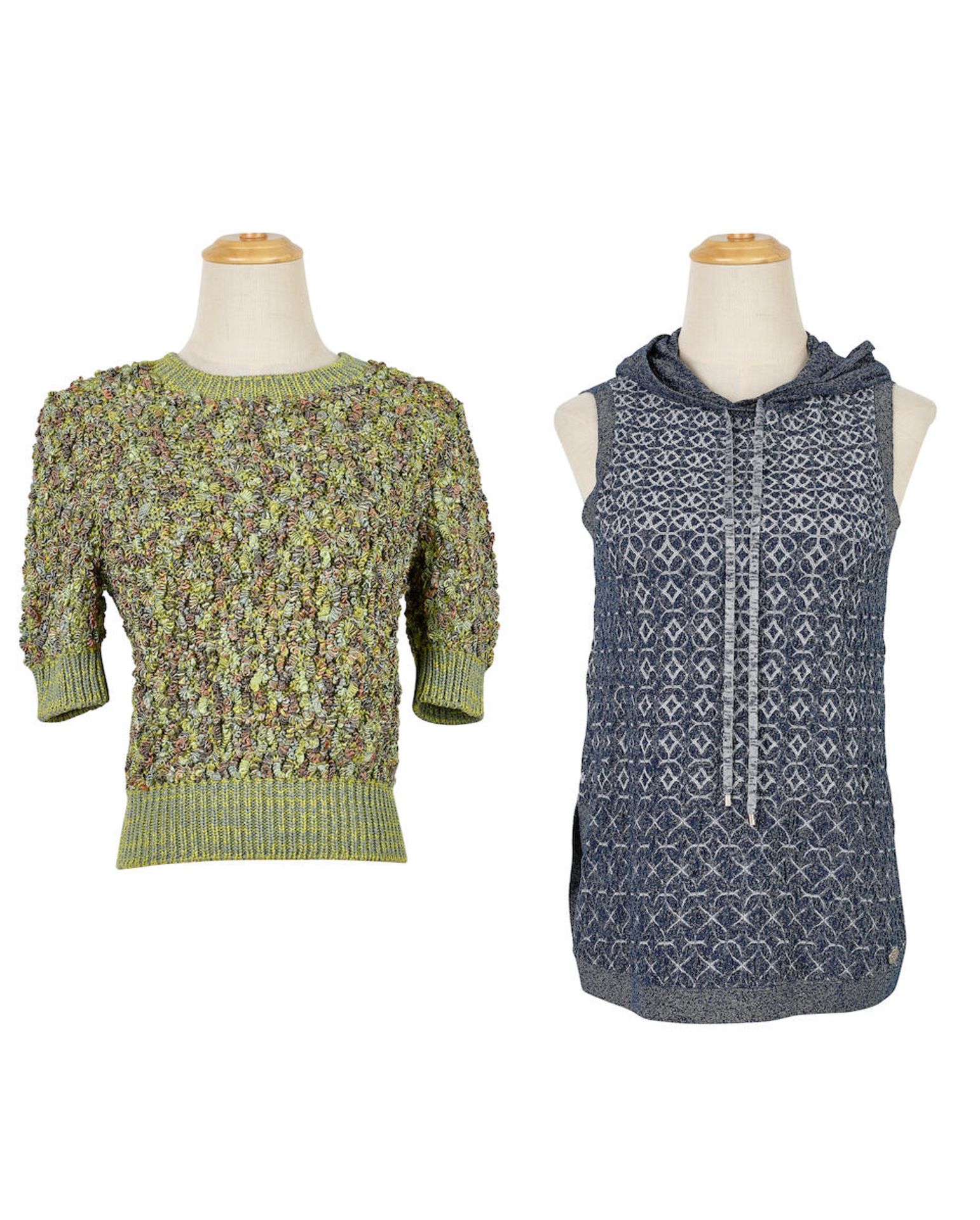 [NO RESERVE] CHANEL: A SET OF TWO NAVY SILK MIXED GILTTER SLEEVESNESS HOODED TOP; GREEN TONE MU...