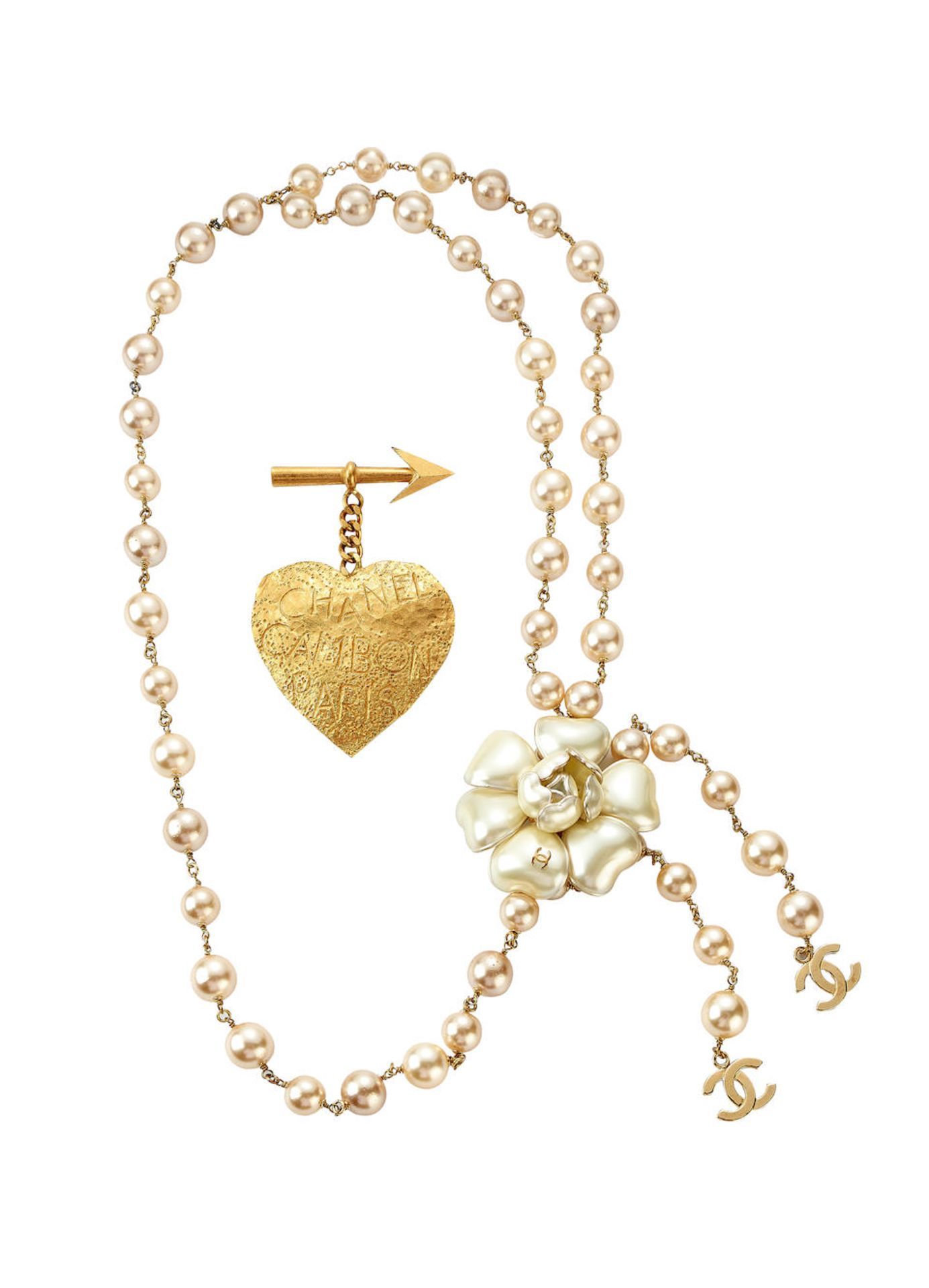 CHANEL: A SET OF 2 FAUX PEARL AND CAMELLIA BELT LENGTH 85CM AND CC ARROW HEART MOTIF GOLD TONED ... - Image 2 of 2