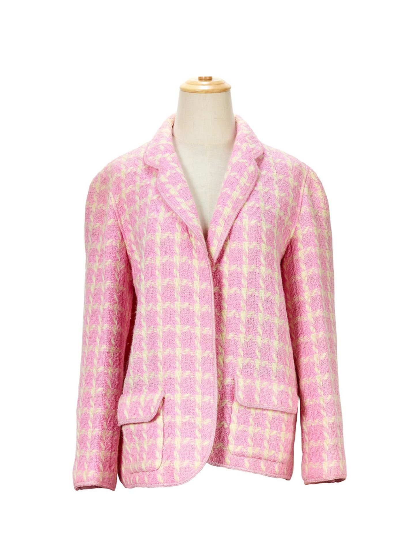 CHANEL: PINK AND WHITE HOUNDSTOOTH PATTTERN JACKET (Includes replacement button, thread swatch f...