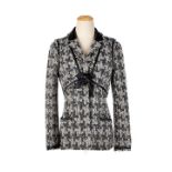 CHANEL: GREY TWEED HOUNDSTOOTH PATTERN JACKET & BOLERO SET WITH BLACK LAMBSKIN TRIMMED AND CC LO...