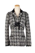 CHANEL: GREY TWEED HOUNDSTOOTH PATTERN JACKET & BOLERO SET WITH BLACK LAMBSKIN TRIMMED AND CC LO...