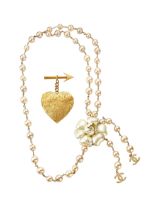 CHANEL: A SET OF 2 FAUX PEARL AND CAMELLIA BELT LENGTH 85CM AND CC ARROW HEART MOTIF GOLD TONED ...