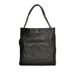 CHANEL: BLACK CAVIAR BOHO TOTE BAG WITH SILVER TONED HARDWARE