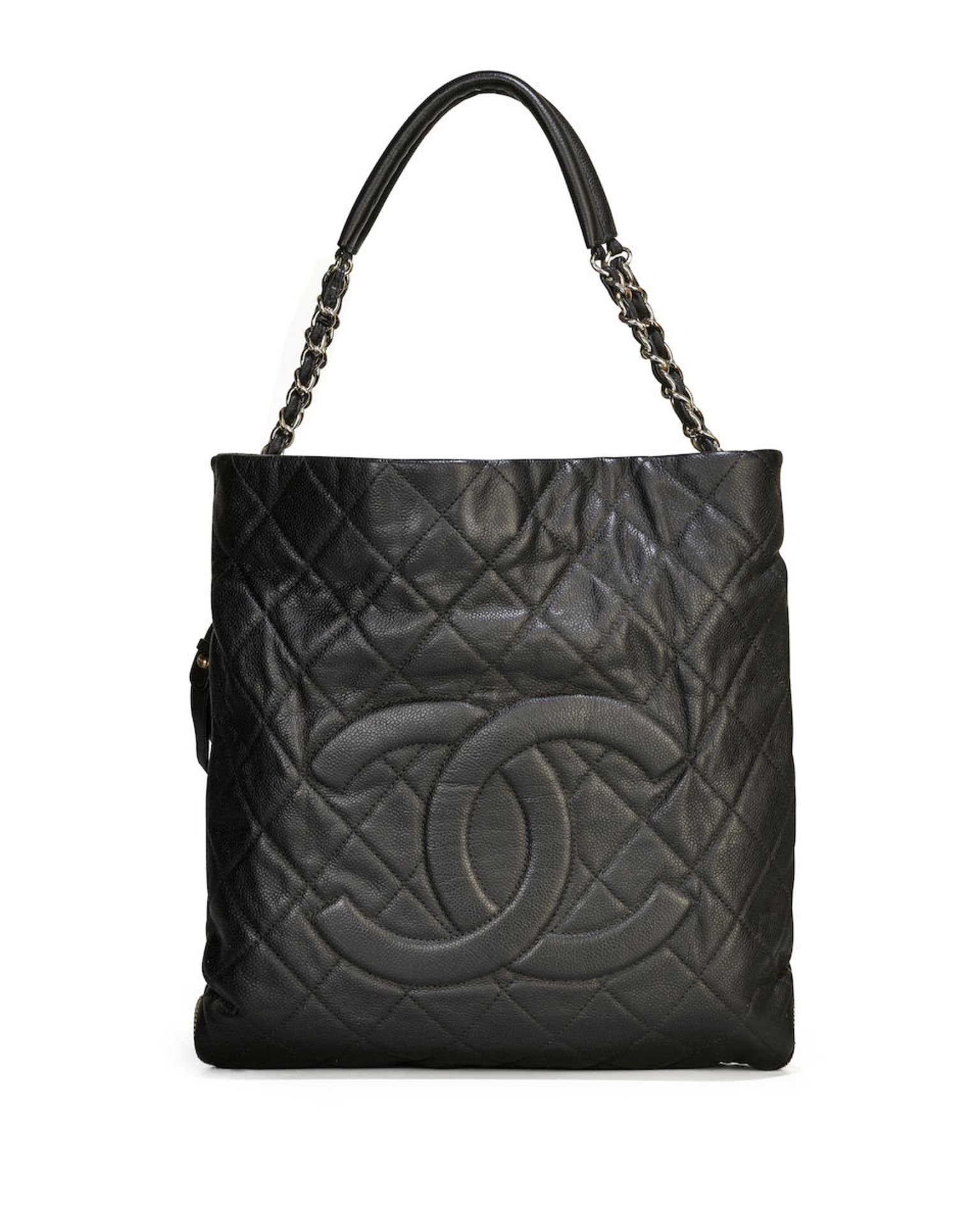 CHANEL: BLACK CAVIAR BOHO TOTE BAG WITH SILVER TONED HARDWARE