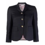 THOM BROWNE: NAVY WOOL CROPPED SINGLE-BREASTED BLAZER WITH 3 GOLD TONED BUTTONS