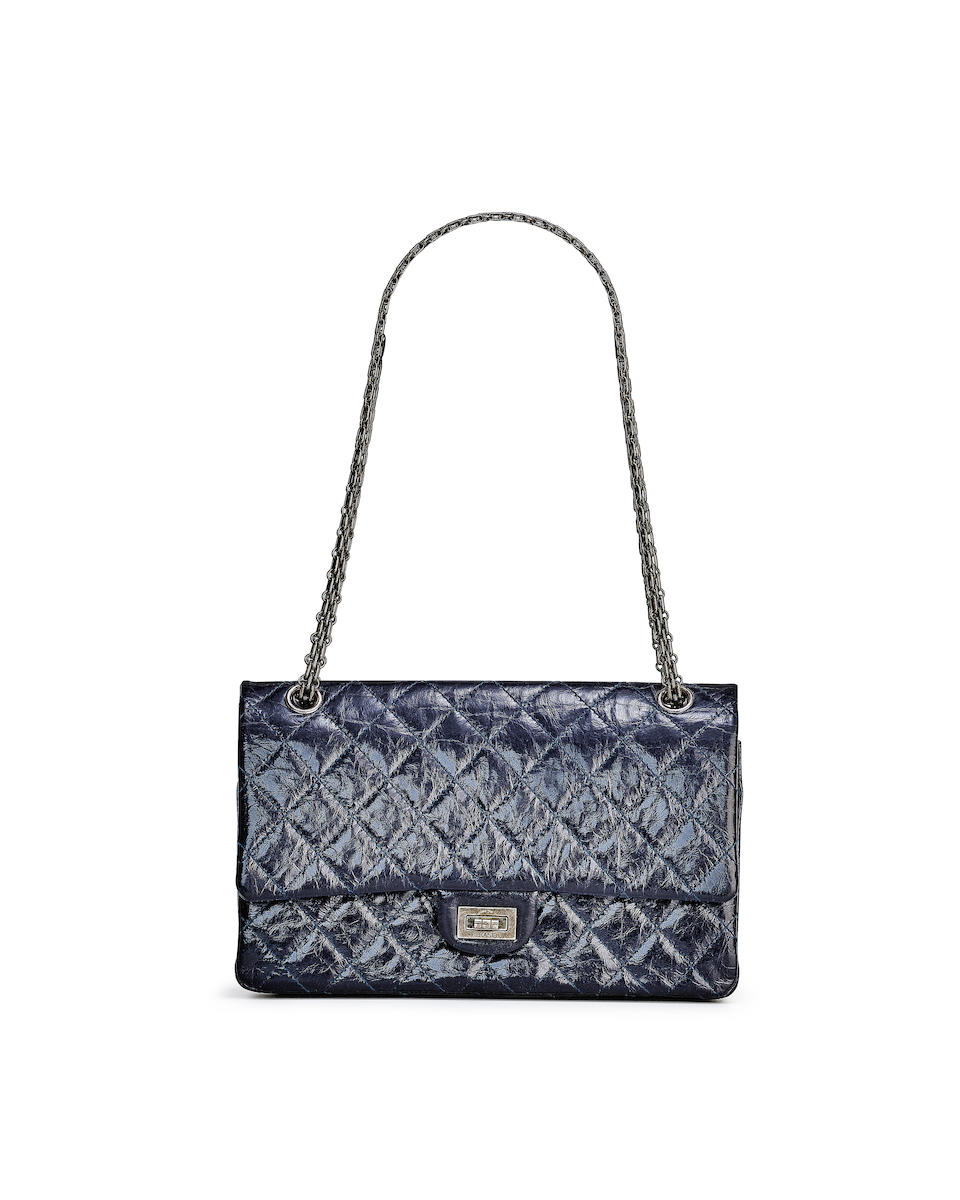 CHANEL: NAVY QUILTED CALFSKIN 2.55 MEDIUM DOUBLE FLAP WITH RUTHENIUM HARDWARE (Includes serial s...