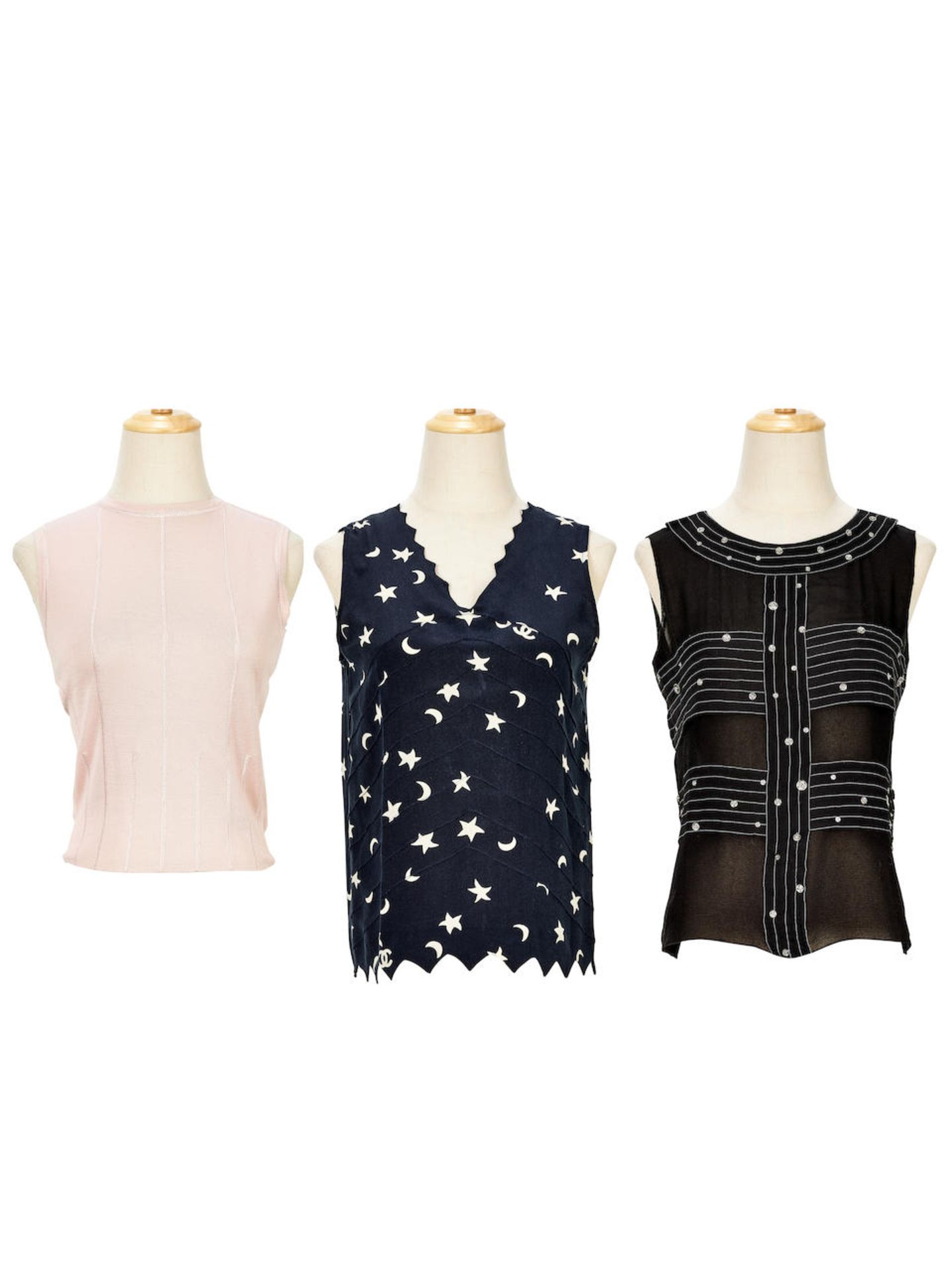 [NO RESERVE] CHANEL: A SET OF 3 LIGHT PINK CASHMERE SILK BACK ZIPPED TOP: BLUE STAR AND MOON CC ...