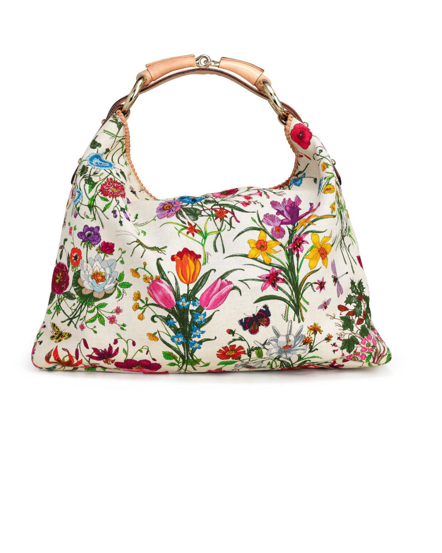 GUCCI: MULTI COLOURED CANVAS FLORAL HORSEBIT WITH LIGHT GOLD TONED HARDWARE (Includes original d...