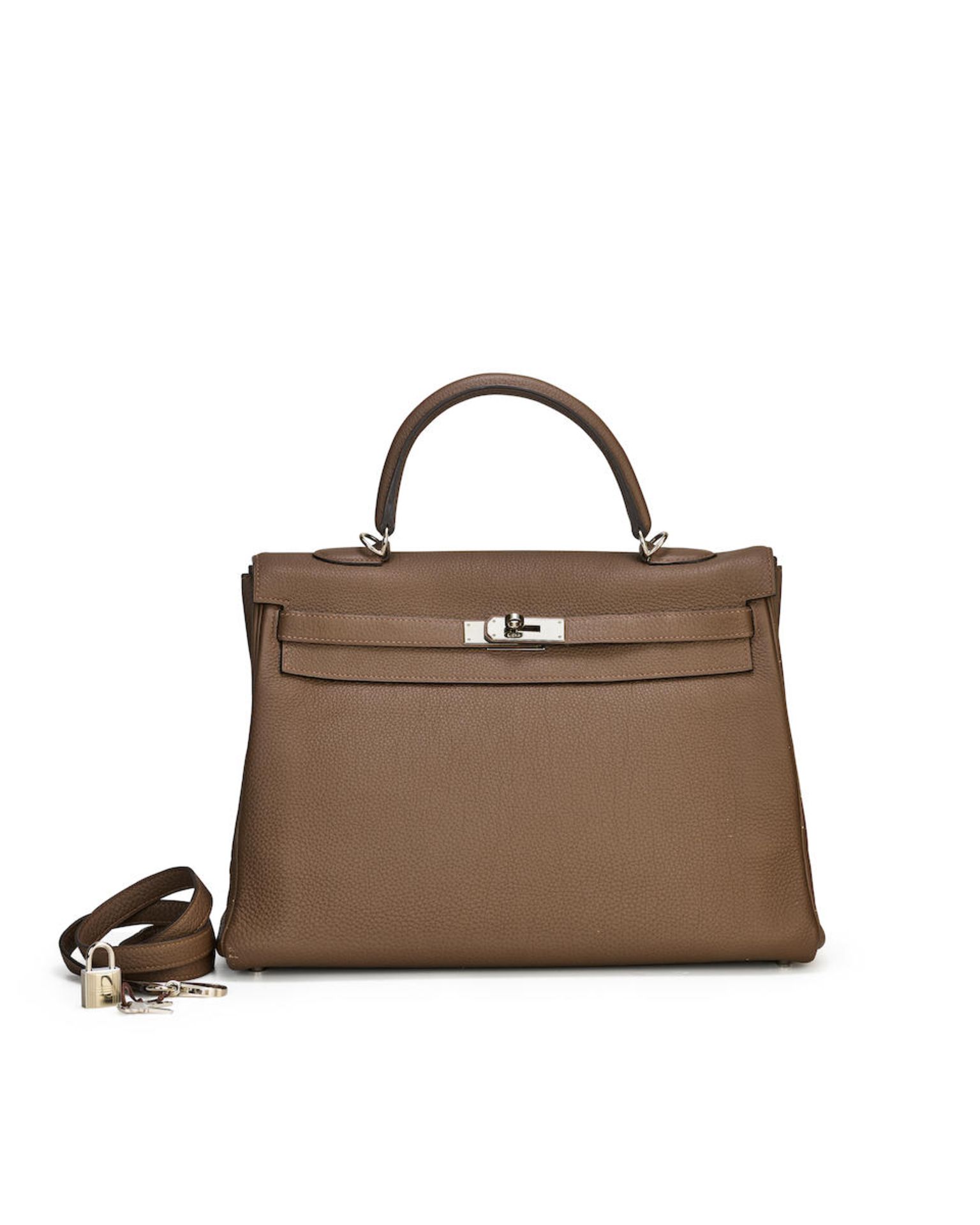 HERMÈS: DARK GREY CLEMENCE KELLY 35 WITH PALLADIUM HARDWARE (Includes padlock, keys, origi...