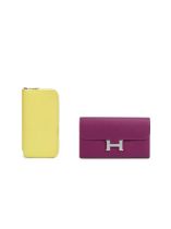 HERMÈS: A SET OF TWO ANEMONE EPSOM CONSTANCE WALLET WITH PALLADIUM HARDWARE; JAUNE CITRON E...