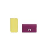 HERMÈS: A SET OF TWO ANEMONE EPSOM CONSTANCE WALLET WITH PALLADIUM HARDWARE; JAUNE CITRON E...