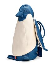 THOM BROWNE: BLUE AND WHITE PEBBLE GRAIN PENGUIN BAG WITH GOLD TONED HARDWARE (Includes original...