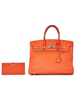 HERMÈS: A SET OF 2 ORANGE CLEMENCE BIRKIN 35 PALLADIUM HARDWARE; CHERVE BEARN LONG WALLET (...