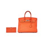 HERMÈS: A SET OF 2 ORANGE CLEMENCE BIRKIN 35 PALLADIUM HARDWARE; CHERVE BEARN LONG WALLET (...