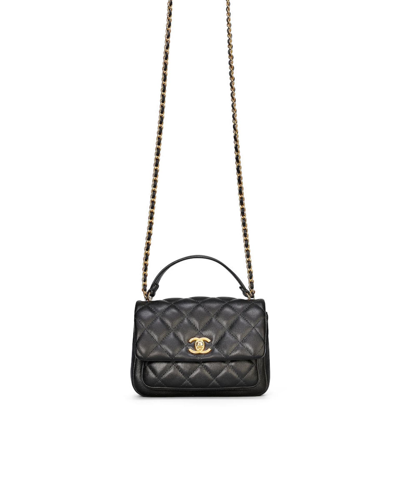 CHANEL: BLACK QUILTED CALFSKIN TOP HANDLE FLAP BAG WITH GOLD BRUSHED TONED HARDWARE (Includes se...