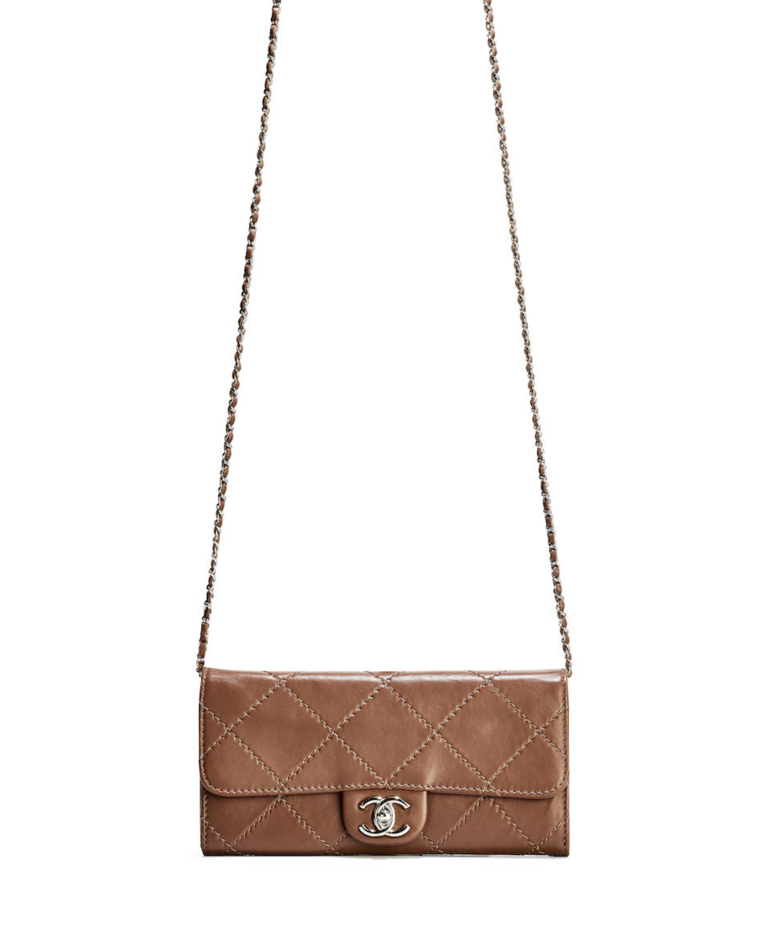CHANEL: OLIVE BROWN LAMBSKIN QUILTED WALLET ON CHAIN WITH SILVER TONED HARDWARE (Includes serial...