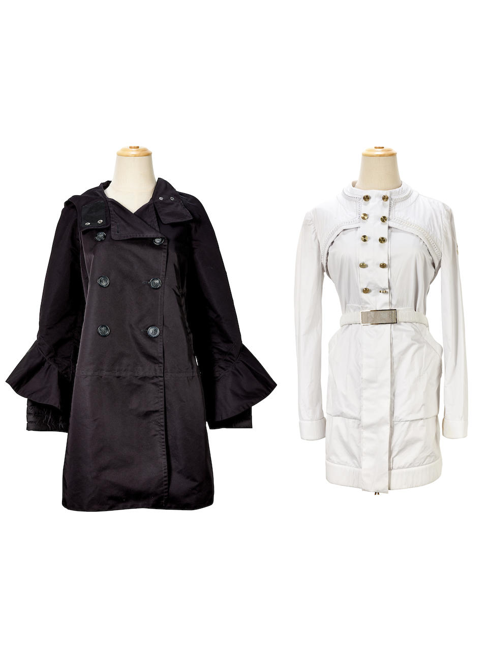 [NO RESERVE] MONCLER: A SET OF 2 BLACK DOWN HOODED TRENCH COAT WITH FLAIRED SLEEVES; WHITE GAMME...