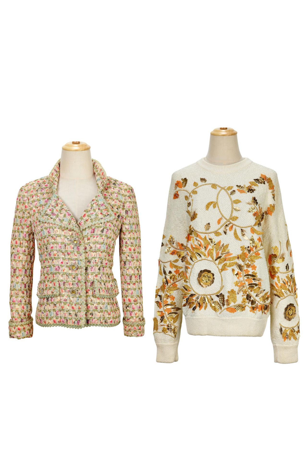 [NO RESERVE] CHANEL: A SET OF 2 MULTI COLOURED JACKET AND GOLD LEAF EMBORDERY TOP