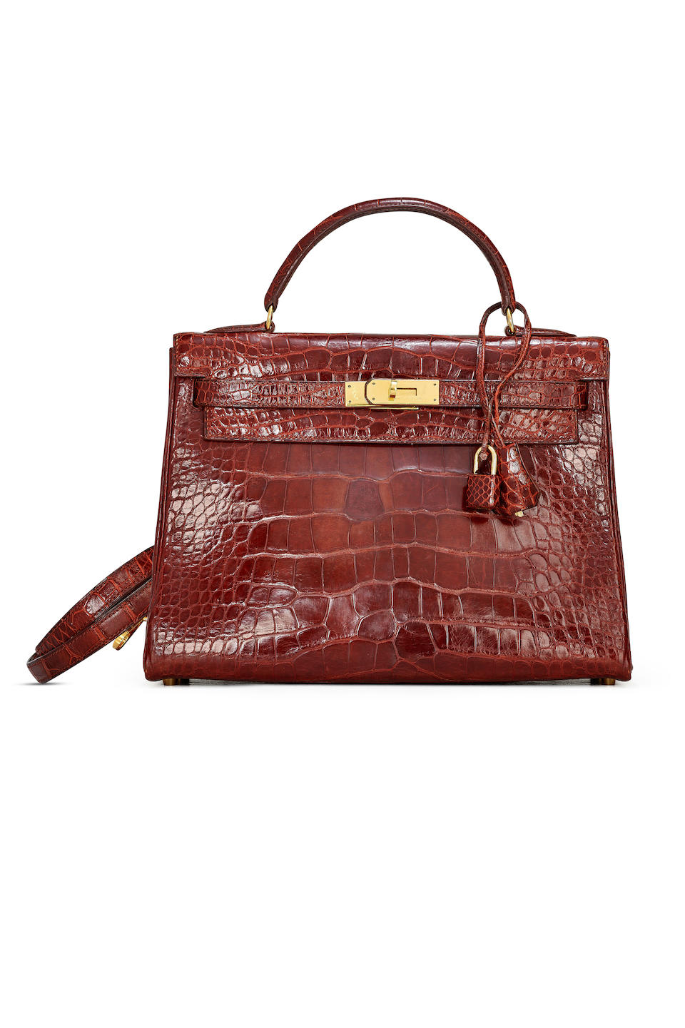 HERMÈS: MIEL SHINY ALLIGATOR KELLY 32 WITH GOLD HARDWARE (Includes keys, padlock, clochette...