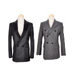 [NO RESERVE] CELINE: A SET OF BLACK WOOL TUXEDO JACKET; GREY VERTICAL STRIPES WOOD TAILOR JACKET