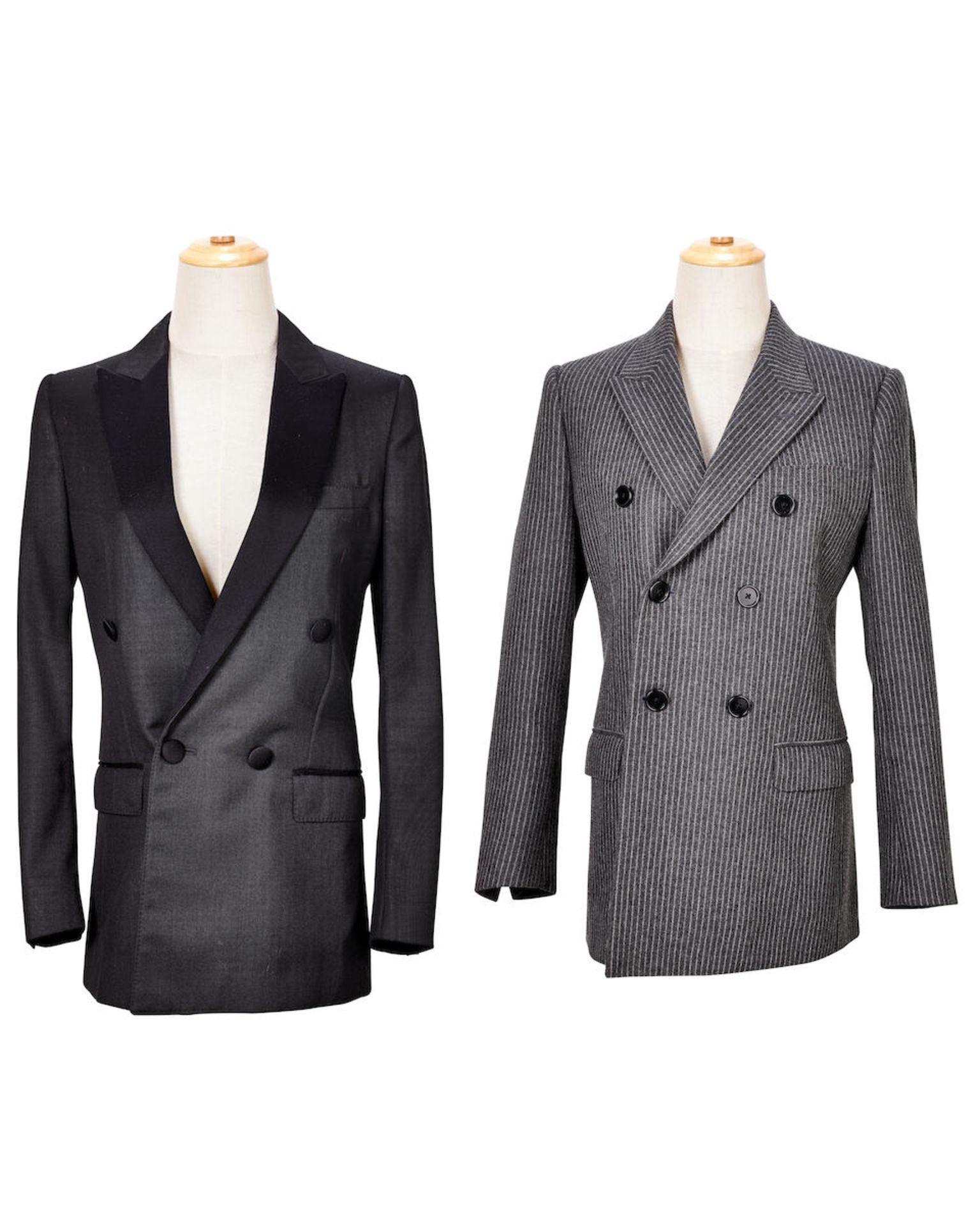 [NO RESERVE] CELINE: A SET OF BLACK WOOL TUXEDO JACKET; GREY VERTICAL STRIPES WOOD TAILOR JACKET