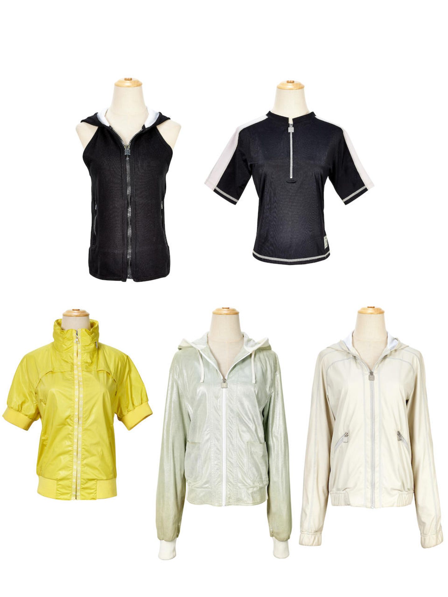 LOUIS VUITTON: YELLOW SHORT SLEEVES ZIP UP MONOGRAM EDGE JACKET; CHANEL: A SET OF 4 LIGHT GREY Z...