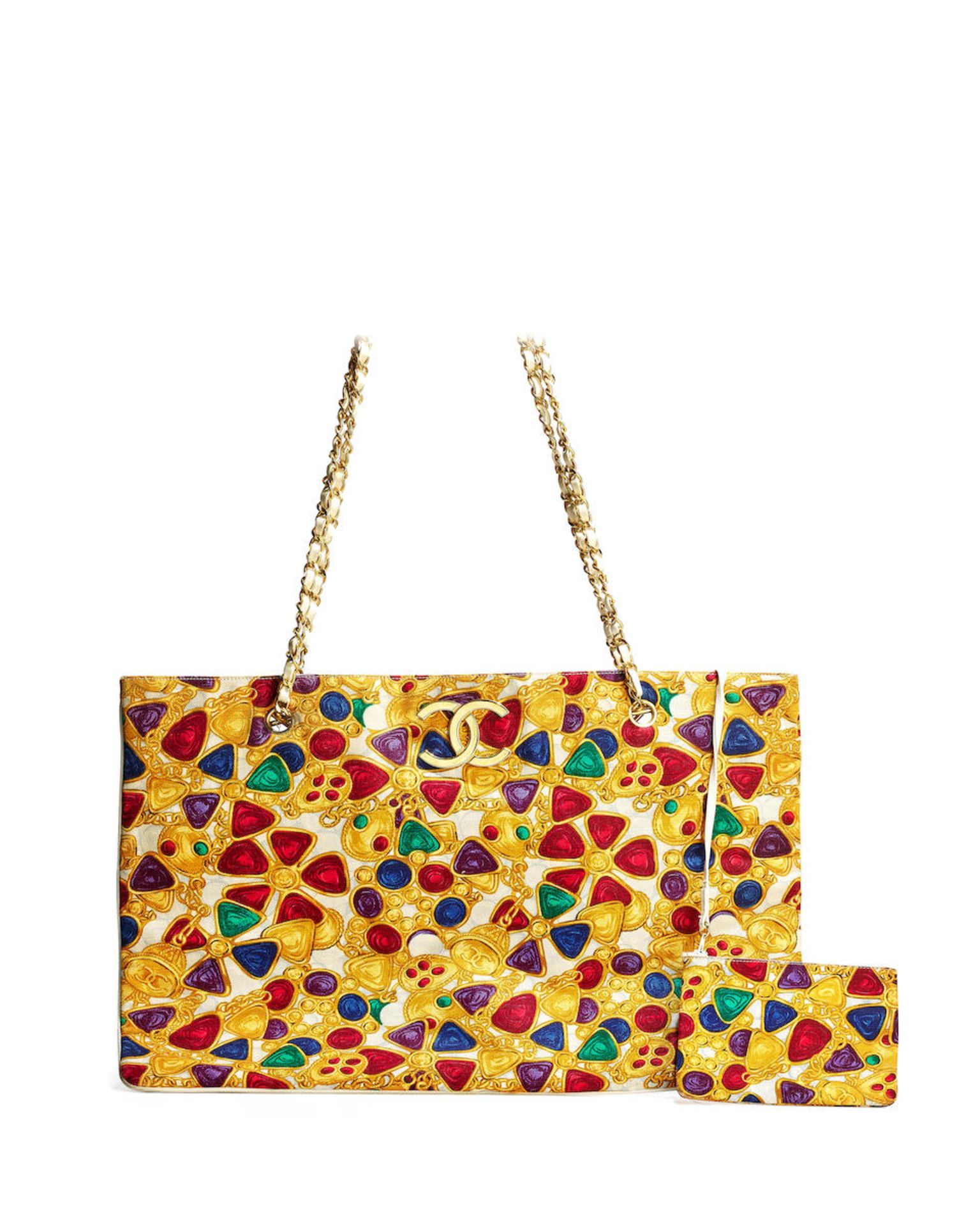 CHANEL: MULTI COLOURED JEWEL PRINTED CANVAS WITH CC LOGO LARGE TOTE BAG WITH GOLD TONED HARDWARE...