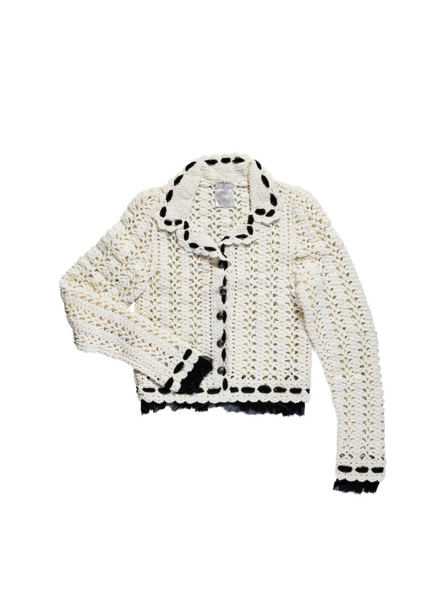 CHANEL: WHITE NYLON COTTON CROCHET CARDIGAN WITH BLACK SILK TRIMMED AND INTERLOCKING CC LOGO BUT...