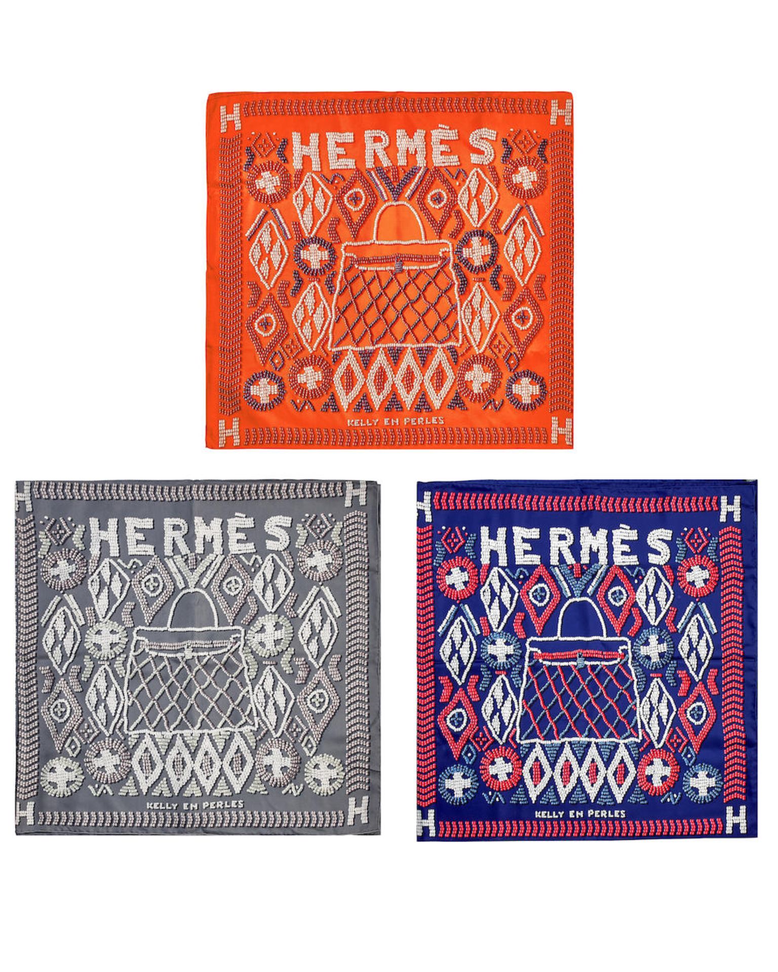 [NO RESERVE] HERMÈS: A SET OF 3 SILK MULTI COLOUR PRINTED SQUARE SCARVES (includes origina...