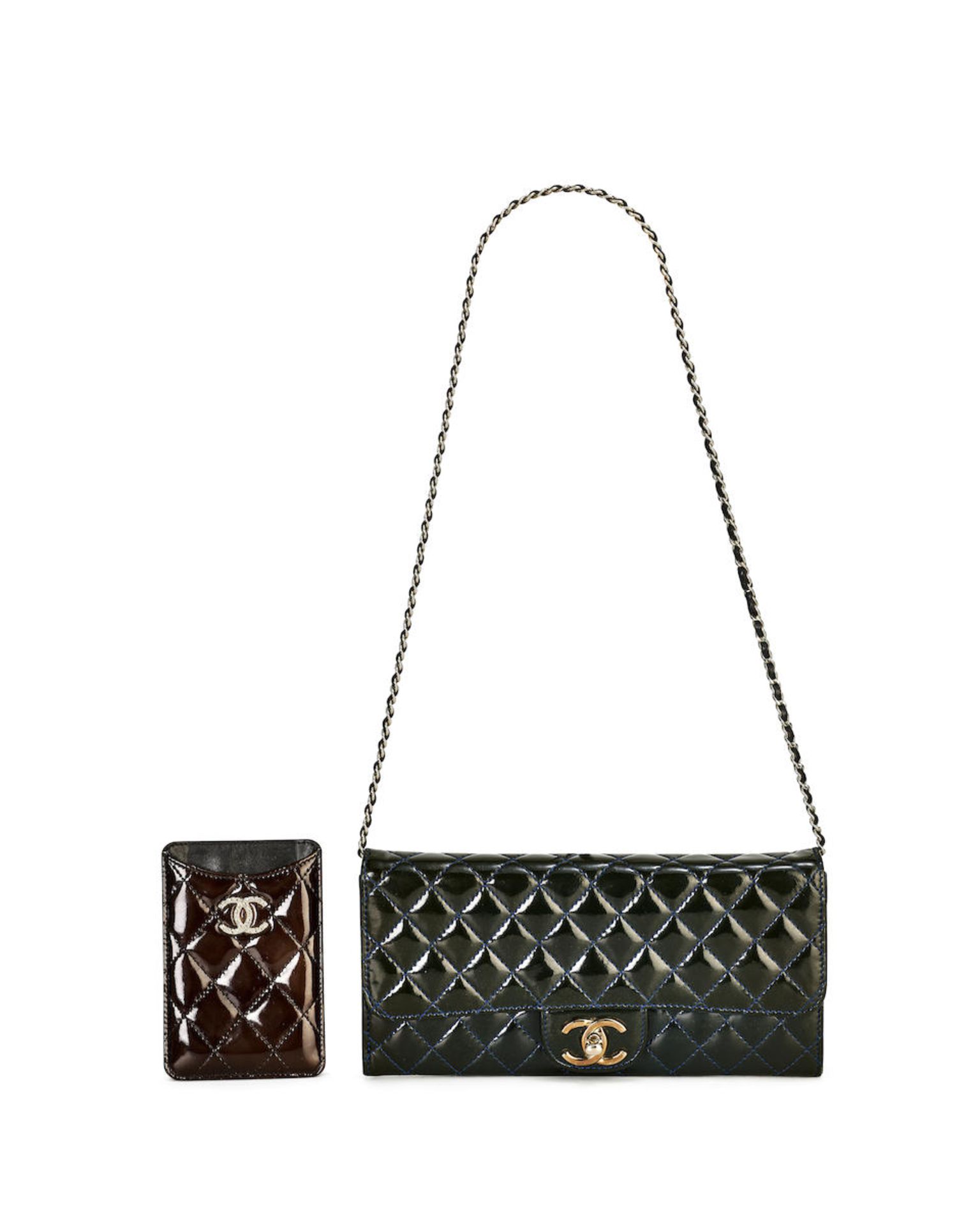 CHANEL: A SET OF 2 BLUE GREY PATENT WALLET ON CHAIN WITH SILVER TONED HARDWARE; MAROON PATENT CA...