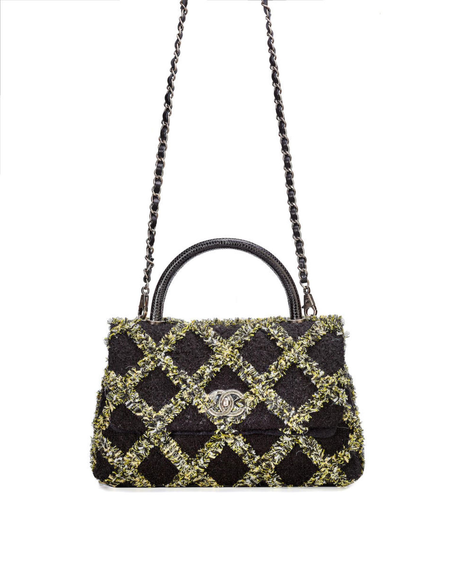 CHANEL: BLACK AND YELLOW TWEED BLACK LIZARD COCO HANDLE FLAG BAG WITH RUTHENIUM HARDWARE (Includ...