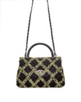 CHANEL: BLACK AND YELLOW TWEED BLACK LIZARD COCO HANDLE FLAG BAG WITH RUTHENIUM HARDWARE (Includ...