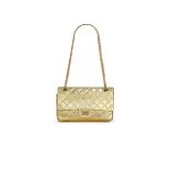 CHANEL: METALLIC GOLD 2.55 MEDIUM CLASSIC FLAP WITH GOLD TONED HARDWARE (Includes serial sticker...