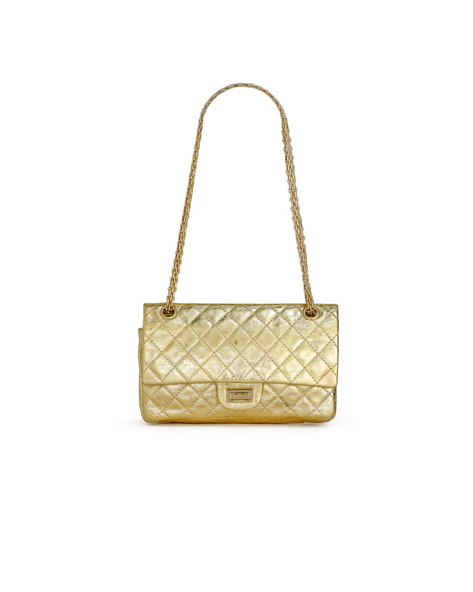CHANEL: METALLIC GOLD 2.55 MEDIUM CLASSIC FLAP WITH GOLD TONED HARDWARE (Includes serial sticker...