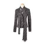 CHANEL: BLACK x WHITE x RED LIGHT WEIGHT TWEED VESTE APPUYEE JACKET WITH CC LOGO BUTTONS AND TIE...