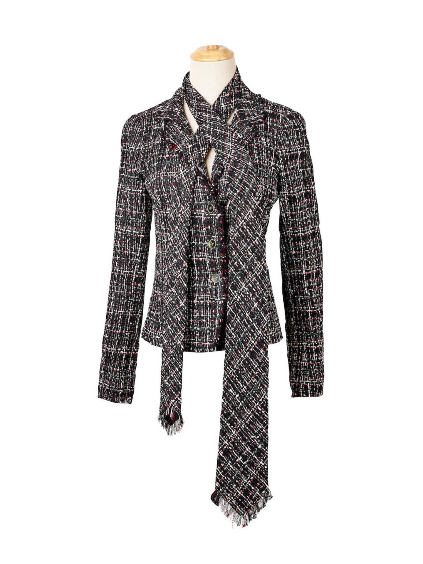 CHANEL: BLACK x WHITE x RED LIGHT WEIGHT TWEED VESTE APPUYEE JACKET WITH CC LOGO BUTTONS AND TIE...