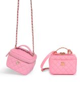 CHANEL: PINK CAVIAR QUILTED CC LOGO TOP HANDLE VANITY CASE; PINK PURPLE CAVIER VANITY CASE WITH ...